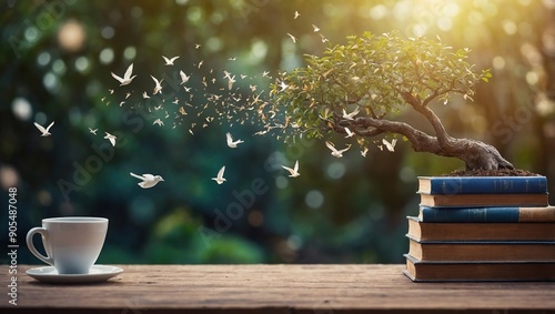 The concept of education by planting knowledge trees and birds flying to the future to open old books in the library, beautiful blurred background photo