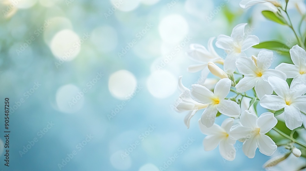 Elegant white jasmine flowers stand out against a delicate light blue abstract background, offering a fresh and inviting atmosphere with space for advertisements. Elegant white jasmine flowers stand out against a delicate light blue abstract background, offering a fresh and inviting atmosphere with space for advertisements.