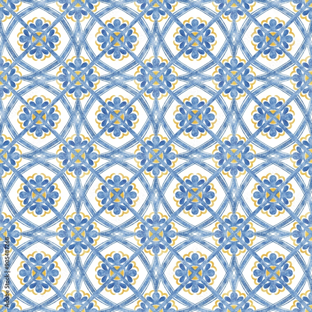 custom made wallpaper toronto digitalHand-painted watercolor blue faience floral arabesques azulejo tile allover seamless pattern, perfect for fabric printing, home decor, wallpapers, and stationery.