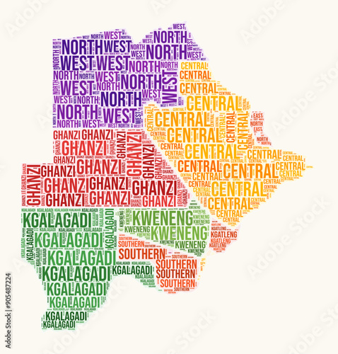 Botswana regions word cloud. Country logo design. Regions typography style vector image. Botswana colored text cloud. Classy vector illustration.