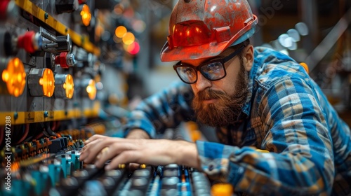 Skilled Technician Adjusting Control Panel Buttons While Wearing Safety Gear in Industrial Environment