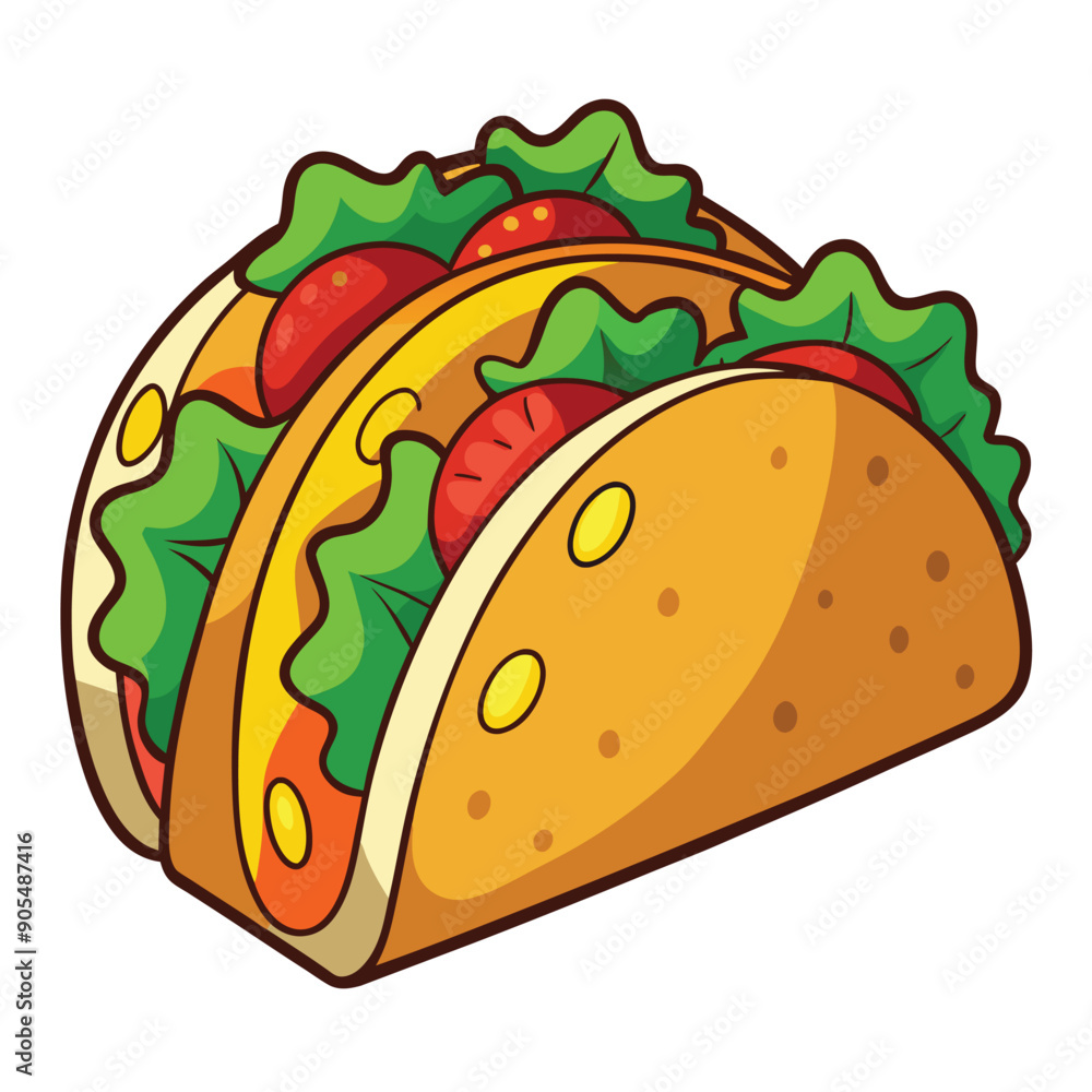 Cartoon Illustration of a Taco with Lettuce and Tomatoes Cartoon Illustration of a Taco with Lettuce and Tomatoes