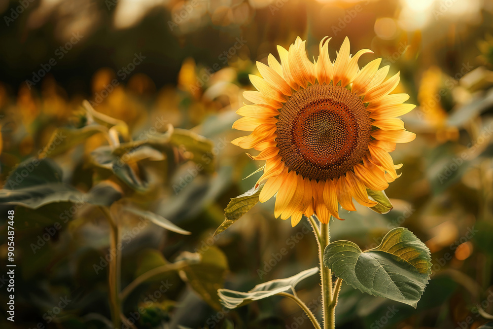 Naklejka premium Sunflower in Full Bloom Against a Warm Sunset Background in a Summer Field