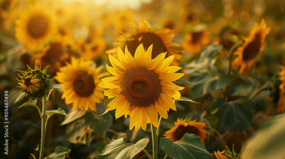 Obraz premium Sunflower in Full Bloom Against a Warm Sunset Background in a Summer Field