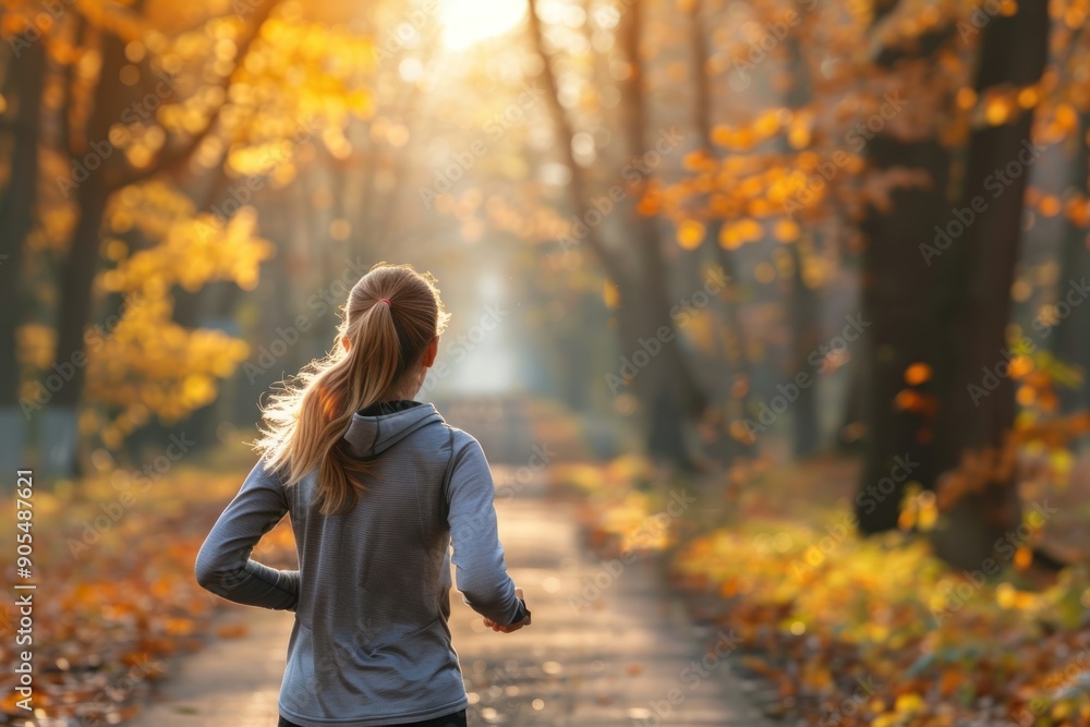 portrait Woman runner running in park at autumn morning. Healthy lifestyle concept. Marathon and fitness portrait Woman runner running in park at autumn morning. Healthy lifestyle concept. Marathon and fitness