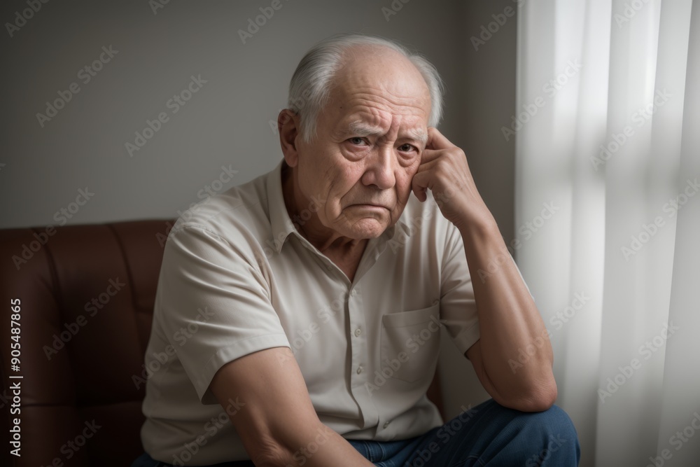 Divorced elderly man appears deep in thought, resting his head on his hand, surrounded by gentle afternoon light Divorced elderly man appears deep in thought, resting his head on his hand, surrounded by gentle afternoon light