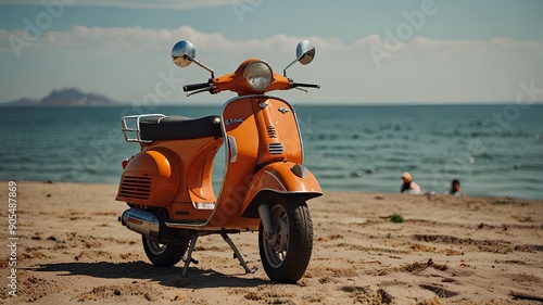 Orange retro   parked on a sandy beach in Italy during sunny summer holidays.