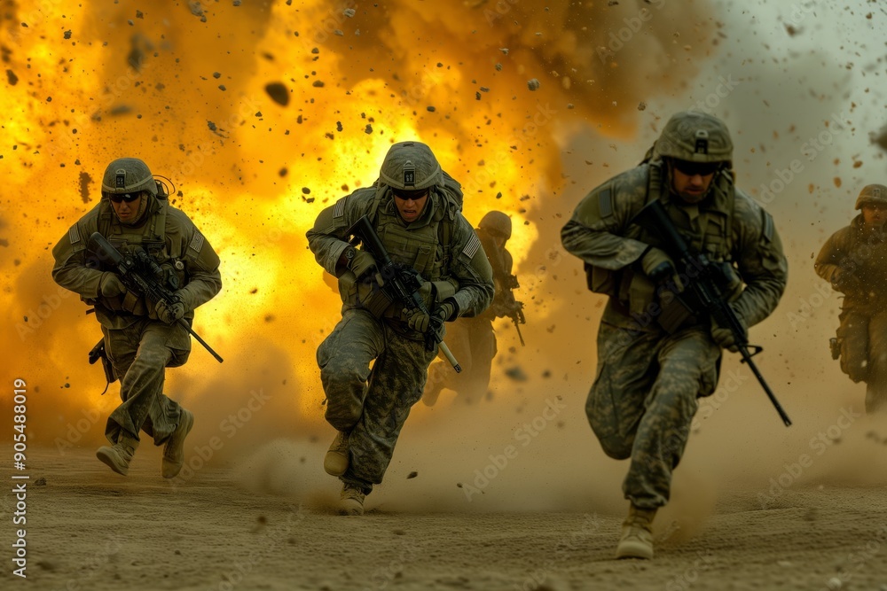 Troops sprint from an explosion, showcasing bravery amidst a chaotic battlefield Troops sprint from an explosion, showcasing bravery amidst a chaotic battlefield