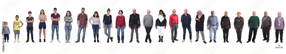 line of group of people of different ages from a child to an elderly woman on white background line of group of people of different ages from a child to an elderly woman on white background