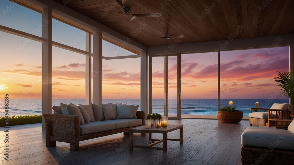 Patio with furniture and beautiful ocean sunset views. Photorealistic. Summer holidays and vacation concept. Patio with furniture and beautiful ocean sunset views. Photorealistic. Summer holidays and vacation concept.