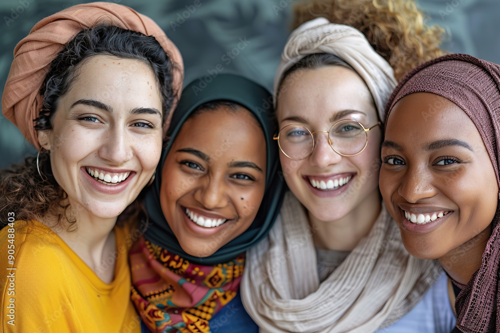 Four women wearing scarves and smiling for the camera. Four women wearing scarves and smiling for the camera.