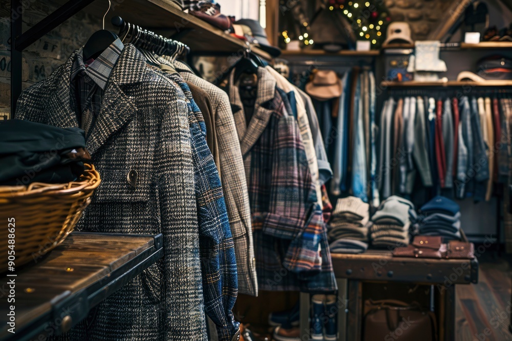 Close-up of Plaid and Hounds Tooth Jackets Hanging in a Clothing Store