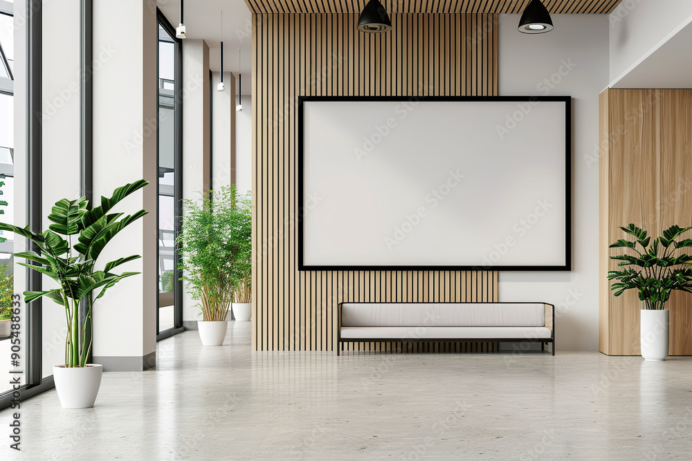 A white wall with a large picture frame and a bench in front of it. A white wall with a large picture frame and a bench in front of it.