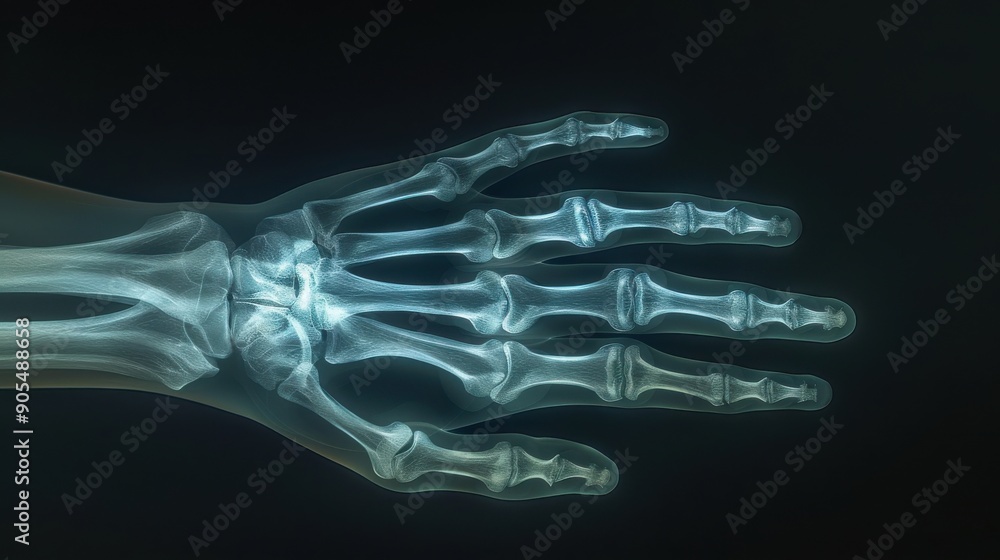 Naklejka premium A high-resolution X-ray image of the human hand, highlighting the bones, joints, and soft tissues with clear contrast, set against a dark background to enhance the visibility of the skeletal