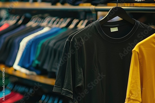 Black and Yellow T-Shirts Hanging on a Rack in a Clothing Store