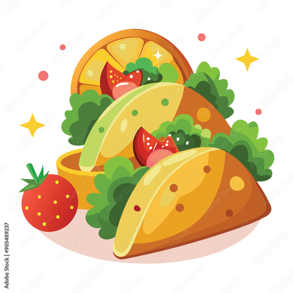 A Cartoon Illustration of a Taco with Orange, Tomato, and Lettuce Fillings A Cartoon Illustration of a Taco with Orange, Tomato, and Lettuce Fillings