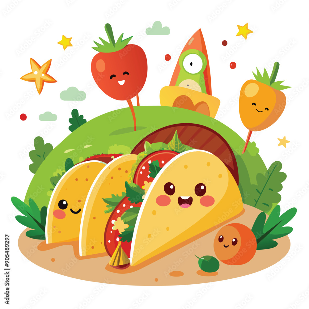 Two Smiling Tacos Surrounded by Vegetables and Stars Two Smiling Tacos Surrounded by Vegetables and Stars