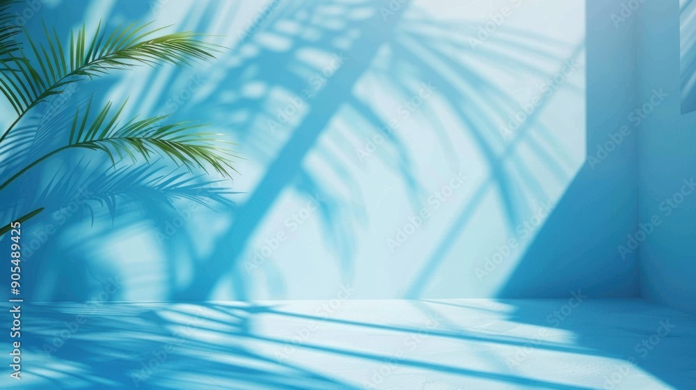 Light Blue Wall: Minimal Abstract Background with Blurred Palm Leaf Shadow. Exotic Beauty for Product Presentation Light Blue Wall: Minimal Abstract Background with Blurred Palm Leaf Shadow. Exotic Beauty for Product Presentation