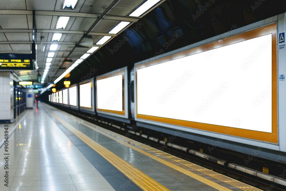 Train station metro featuring blank white digital sign billboard poster mockup Train station metro featuring blank white digital sign billboard poster mockup