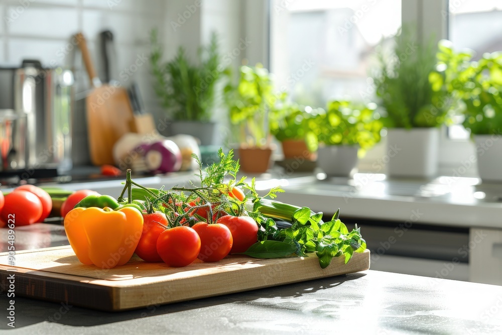 Fresh organic vegetables and herbs on a cutting board in a bright kitchen with a window Fresh organic vegetables and herbs on a cutting board in a bright kitchen with a window