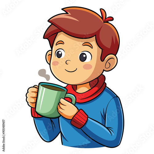 A cartoon boy with brown hair drinks from a green mug.