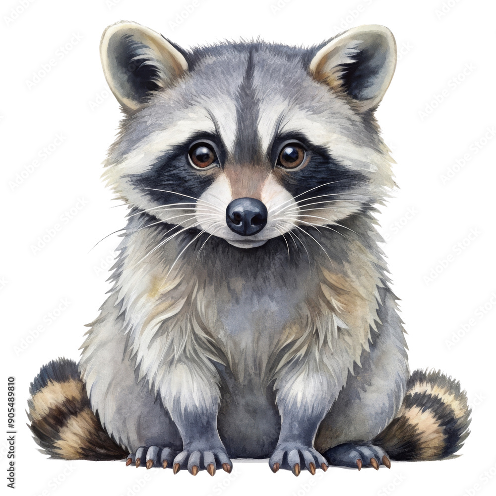 Obraz premium Watercolor clipart curious raccoon, woodland critter, detailed gray and black, transparent background