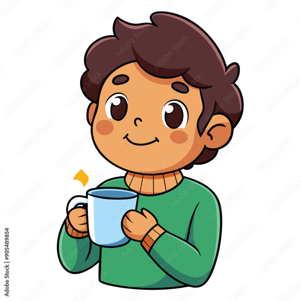 A Cartoon Boy Smiling While Holding a Mug of Hot Beverage A Cartoon Boy Smiling While Holding a Mug of Hot Beverage
