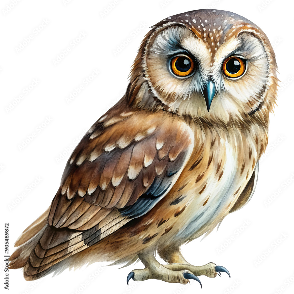 Fototapeta premium Watercolor clipart majestic owl, night bird, detailed brown and white, transparent background