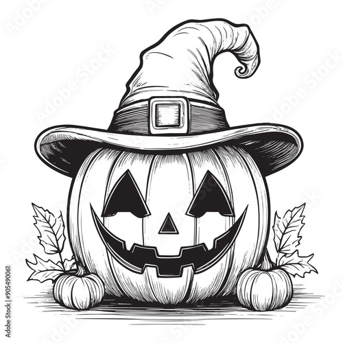 Halloween pumpkin with a carved smiling face wearing a witch’s hat