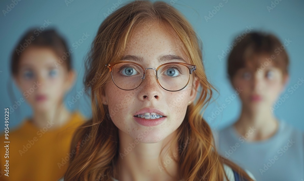 Young woman with braces and glasses looking at the camera Young woman with braces and glasses looking at the camera