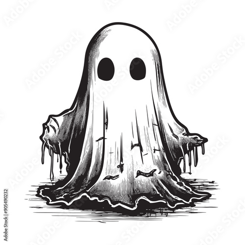 Ghost illustration with tattered sheet and empty eyes, perfect for Halloween themes