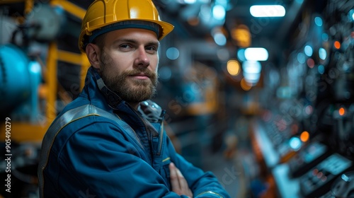 Skilled Technician in Safety Gear Overseeing Machinery Operations in an Industrial Facility During Evening Hours