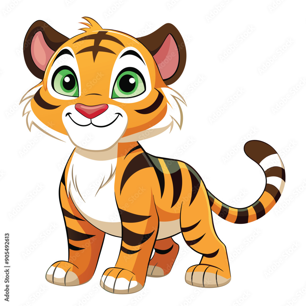 Cartoon Tiger Cub with Black Stripes and Green Eyes Cartoon Tiger Cub with Black Stripes and Green Eyes