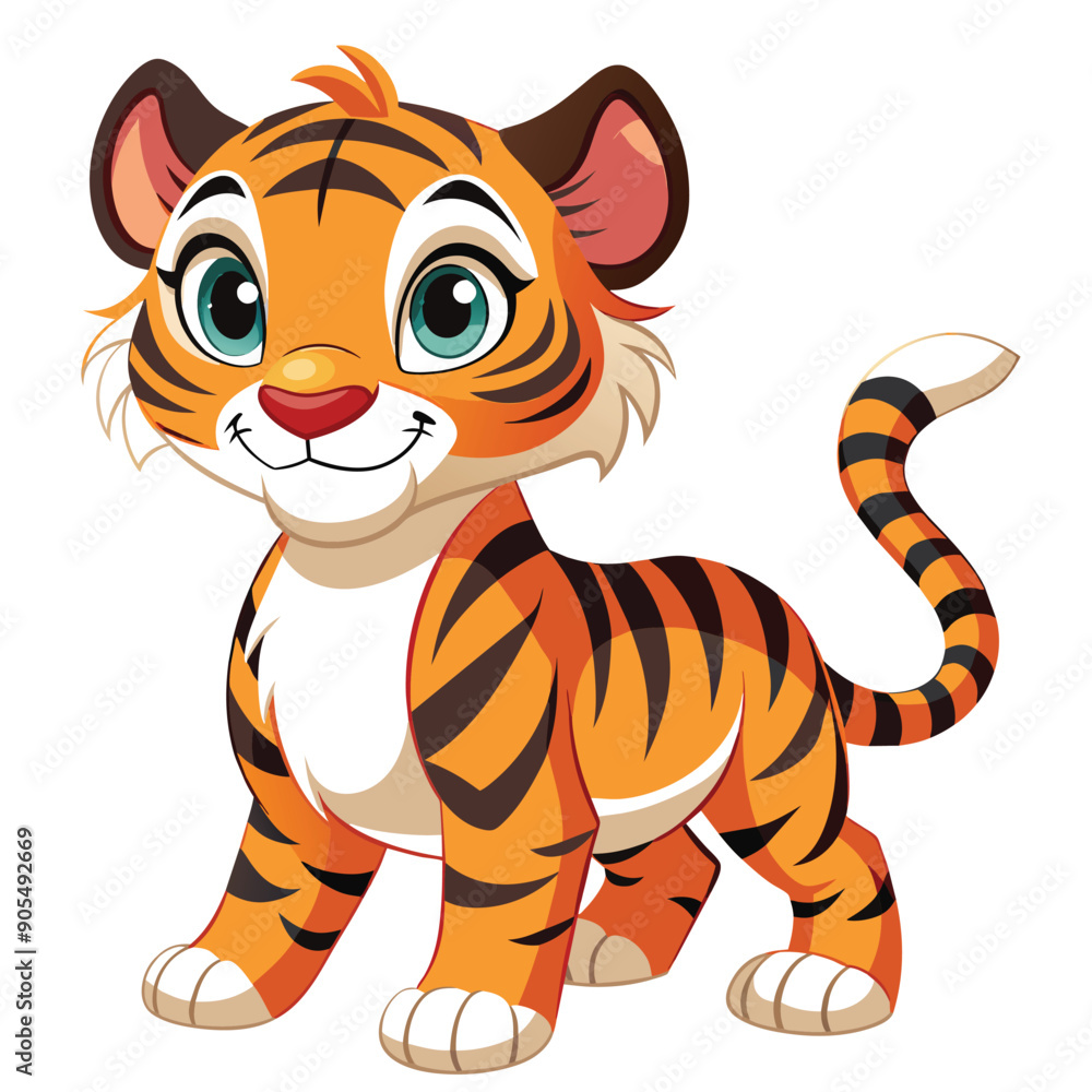 Cute Cartoon Tiger Cub with Black Stripes and Big Blue Eyes Cute Cartoon Tiger Cub with Black Stripes and Big Blue Eyes