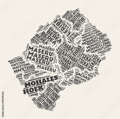 Lesotho Word Cloud. Country with regions division. Lesotho typographic text clouds vector image design. Vintage gazette style country shape image. Trending vector illustration.