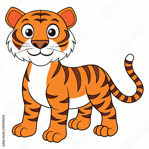 Cartoon Tiger with Orange and Brown Stripes Standing with a Smiling Face