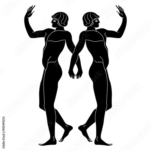 Symmetrical ethnic design with two standing ancient Greek youths holding hands. Black and white silhouette.