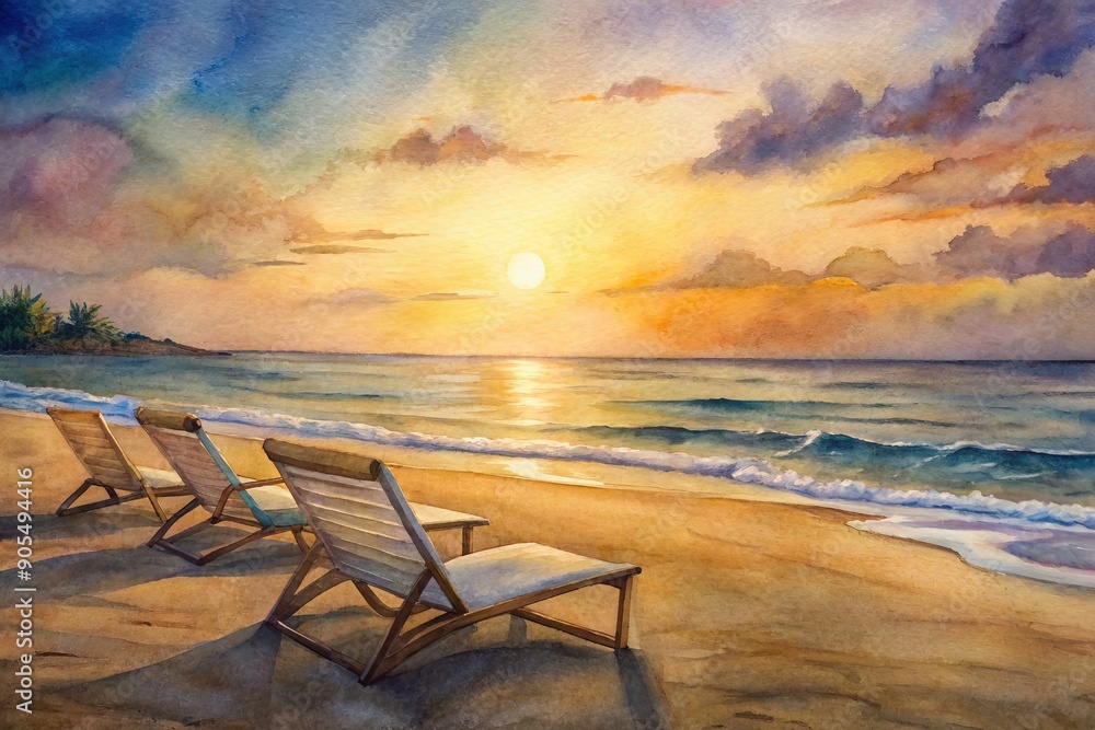 Warm golden light settles on a serene beach scene at dusk, with empty lounge chairs and tranquil ocean waters, perfect for a happy family moment.