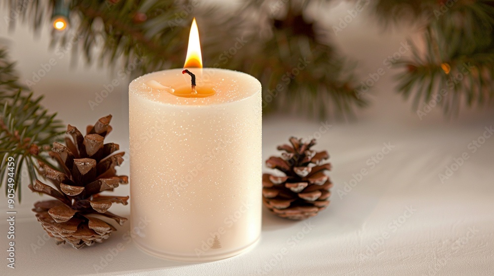 Festive Candle with Pinecones and Evergreen Branches: Cozy Winter Decor Festive Candle with Pinecones and Evergreen Branches: Cozy Winter Decor