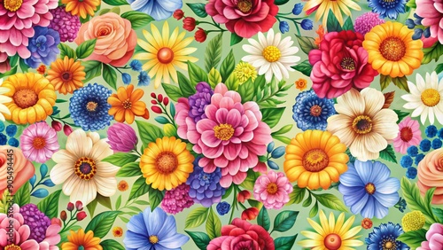 A colorful and cheerful floral pattern featuring a variety of blooms, including sunflowers, roses, daisies, and peonies, perfect for creating vibrant and eye-catching designs.