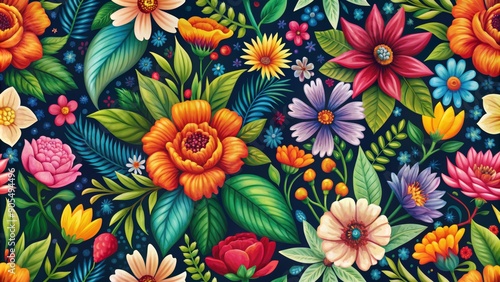 A colorful and intricate floral pattern with a dark background. It features a variety of flowers, including roses, daisies, and lilies, symbolizing beauty, nature, growth, diversity, and joy.