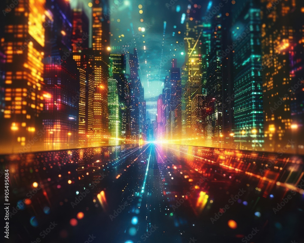 Obraz premium Abstract colorful cityscape with digital effects, futuristic urban poster, vibrant city lights, SEO optimized, high resolution, commercial use