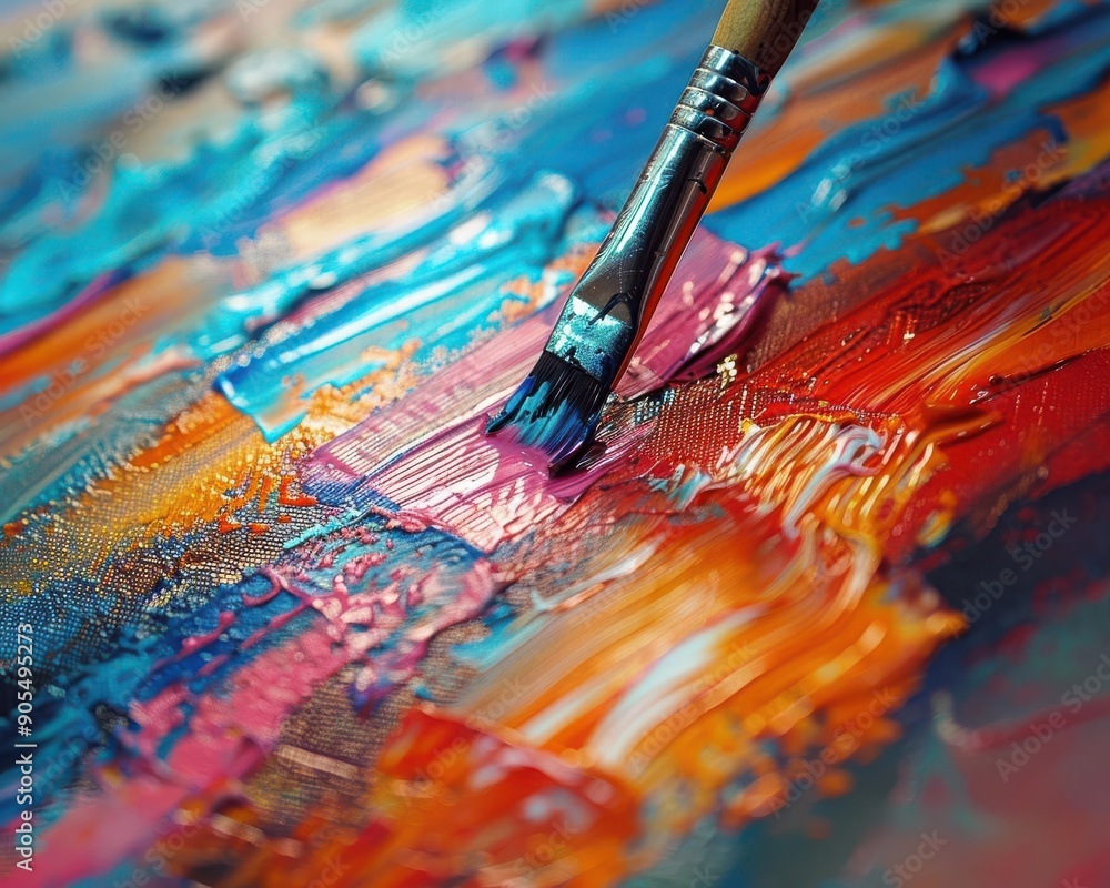 Fototapeta premium Detailed closeup of an artist painting with a fine brush, vibrant colors, texture of the canvas, artistic creation, meticulous technique, art studio, highdefinition