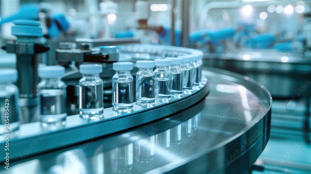Medical vials on production line at pharmaceutical factory, Pharmaceutical machine working pharmaceutical glass bottles production line, health care, pandemic Medical vials on production line at pharmaceutical factory, Pharmaceutical machine working pharmaceutical glass bottles production line, health care, pandemic