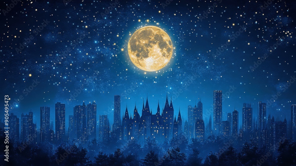 Naklejka premium Magic night sky with fairy dream castle towers, illuminated by a full moon and surrounded by twinkling stars.