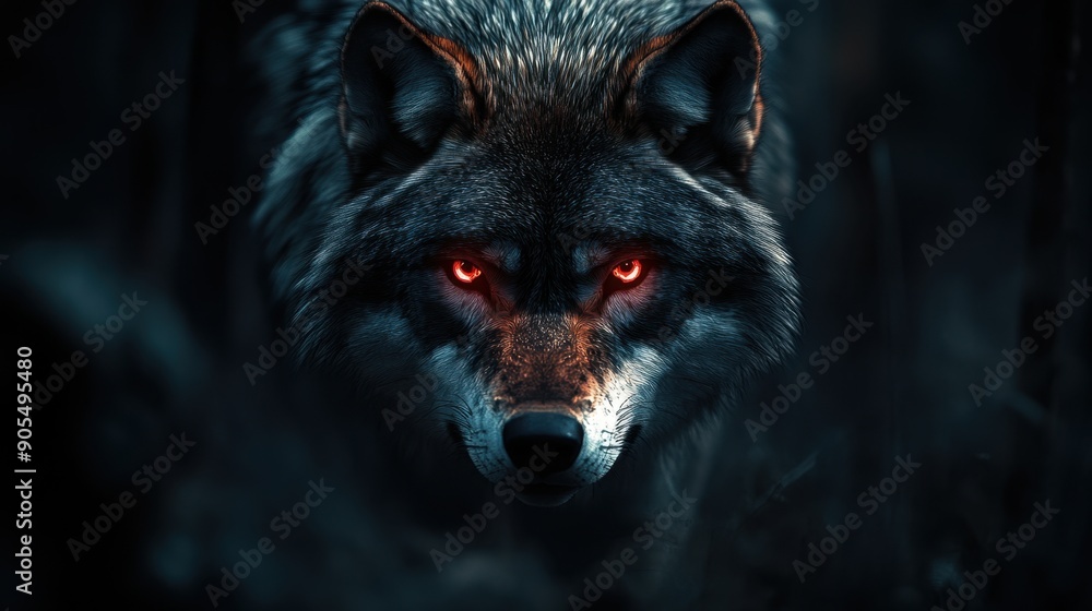 Wolf king face with glowing red eyes stalking the forest, its fur blending with the shadows, creating an aura of mystery and power. Wolf king face with glowing red eyes stalking the forest, its fur blending with the shadows, creating an aura of mystery and power.