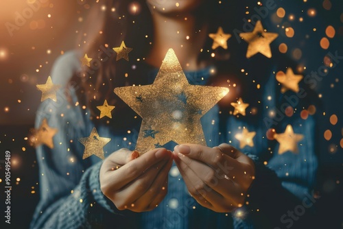 Happy customer leaving a fivestar review online, positive feedback, customer satisfaction, brand loyalty, digital review, excellent service, customer retention