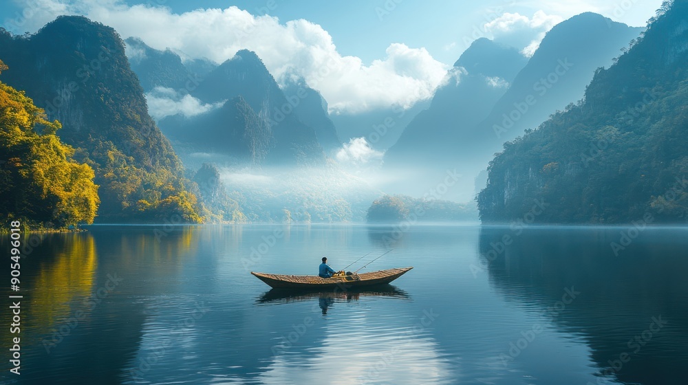 A lake surrounded by mountains, a straw boat in the lake, a man fishing on the boat A lake surrounded by mountains, a straw boat in the lake, a man fishing on the boat