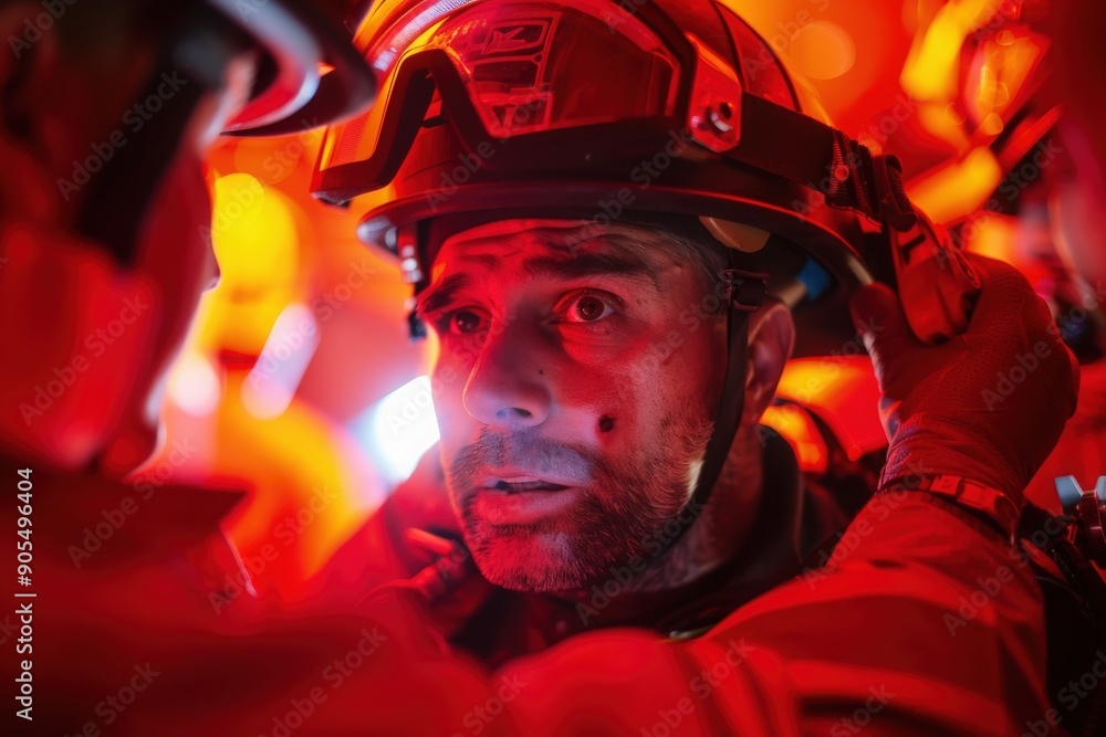 Firefighter in gear looking at dangerous fire scene with bright orange flames and smoke Firefighter in gear looking at dangerous fire scene with bright orange flames and smoke