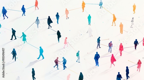 Colorful silhouettes of people connected by lines, symbolizing social interaction and digital communication.